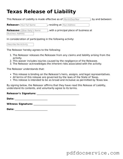 Printable  Release of Liability Template for Texas