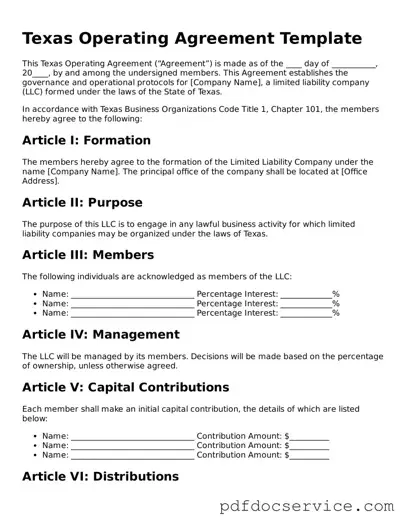 Printable  Operating Agreement Template for Texas
