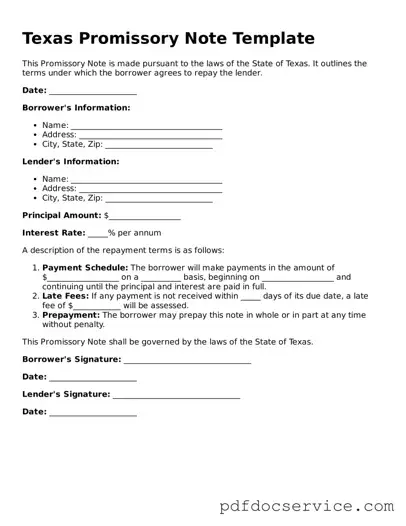 Printable  Promissory Note Template for Texas