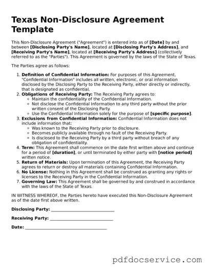 Printable  Non-disclosure Agreement Template for Texas