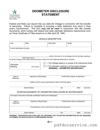 Fill Your Texas Odometer Statement Form