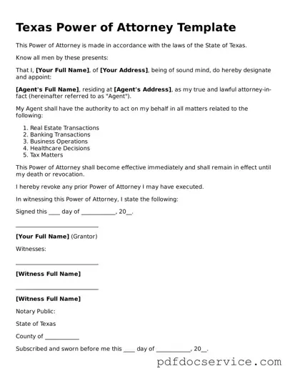 Printable  Power of Attorney Template for Texas