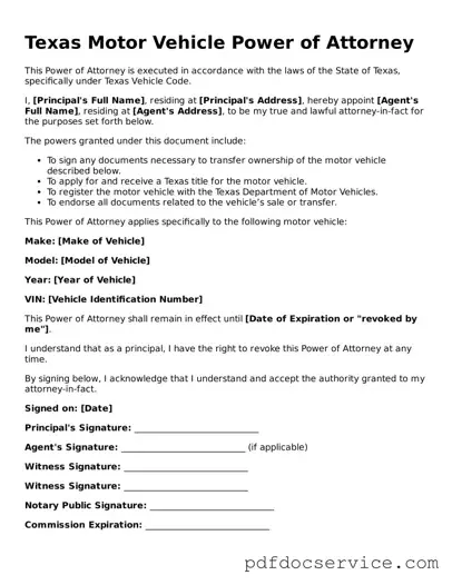 Printable  Motor Vehicle Power of Attorney Template for Texas