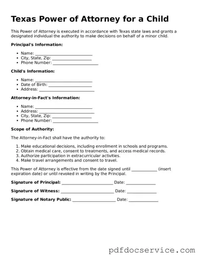 Printable  Power of Attorney for a Child Template for Texas