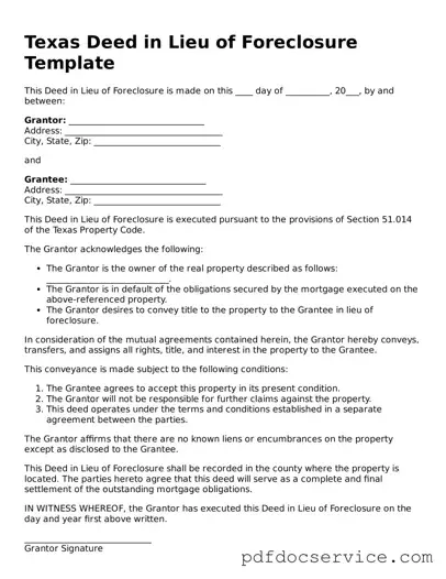 Printable  Deed in Lieu of Foreclosure Template for Texas