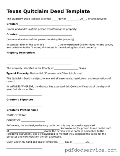 Printable  Quitclaim Deed Template for Texas