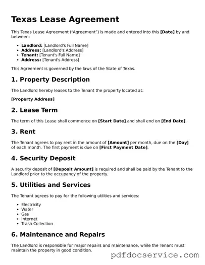 Printable  Lease Agreement Template for Texas
