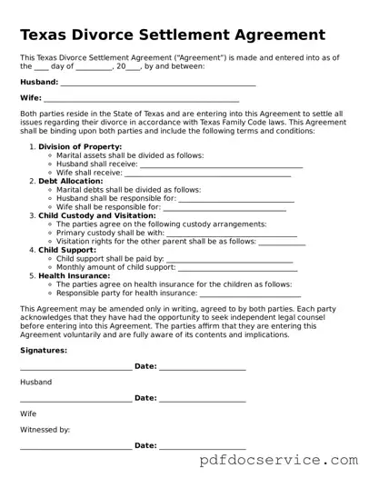 Printable  Divorce Settlement Agreement Template for Texas