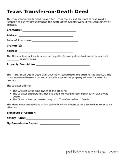 Printable  Transfer-on-Death Deed Template for Texas