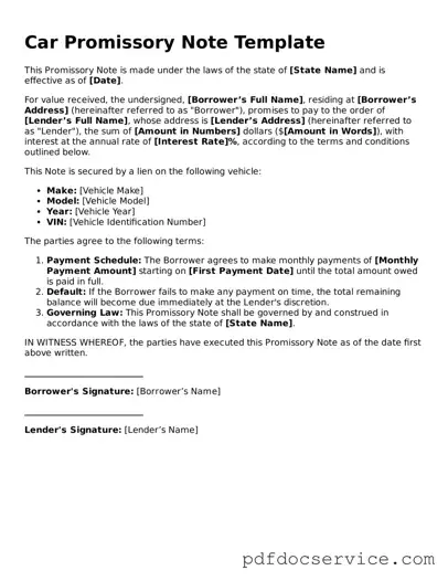 Blank Promissory Note for a Car Form