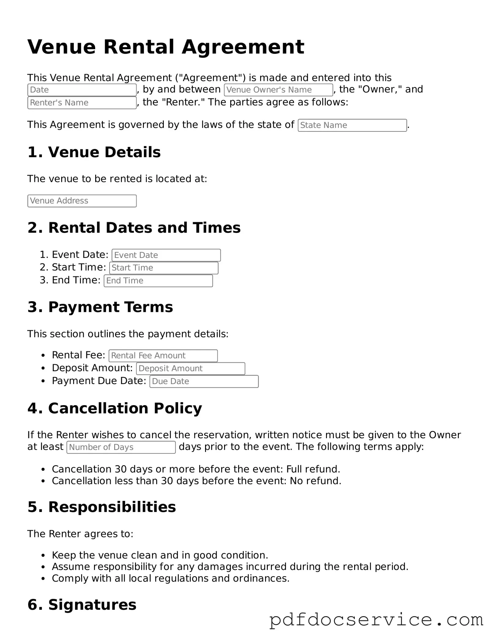 Blank Venue Rental Agreement Form