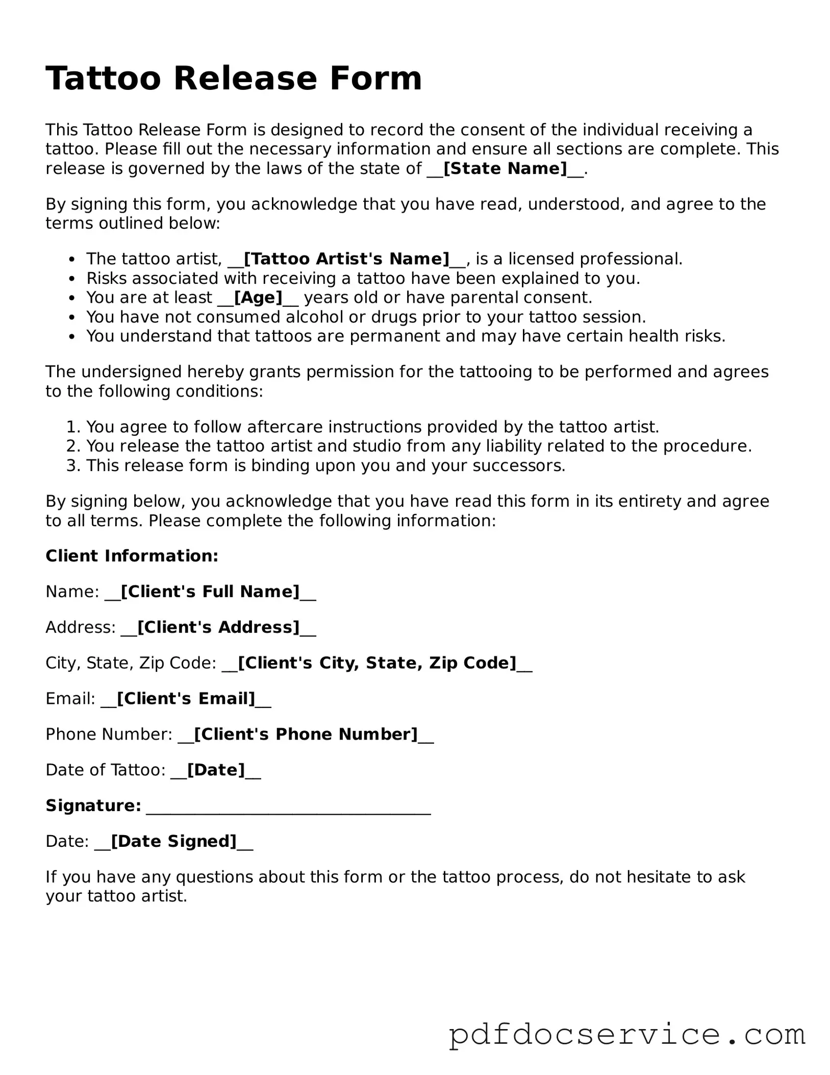 Blank Tattoo Release Form