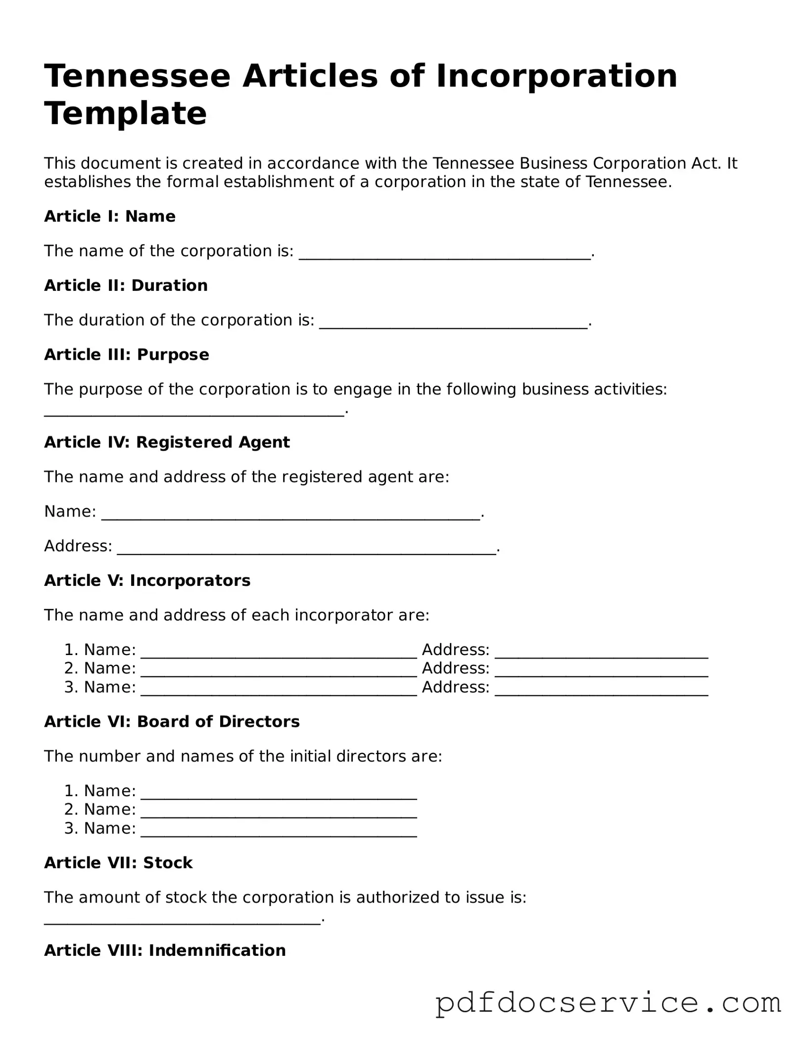 Printable  Articles of Incorporation Template for Tennessee