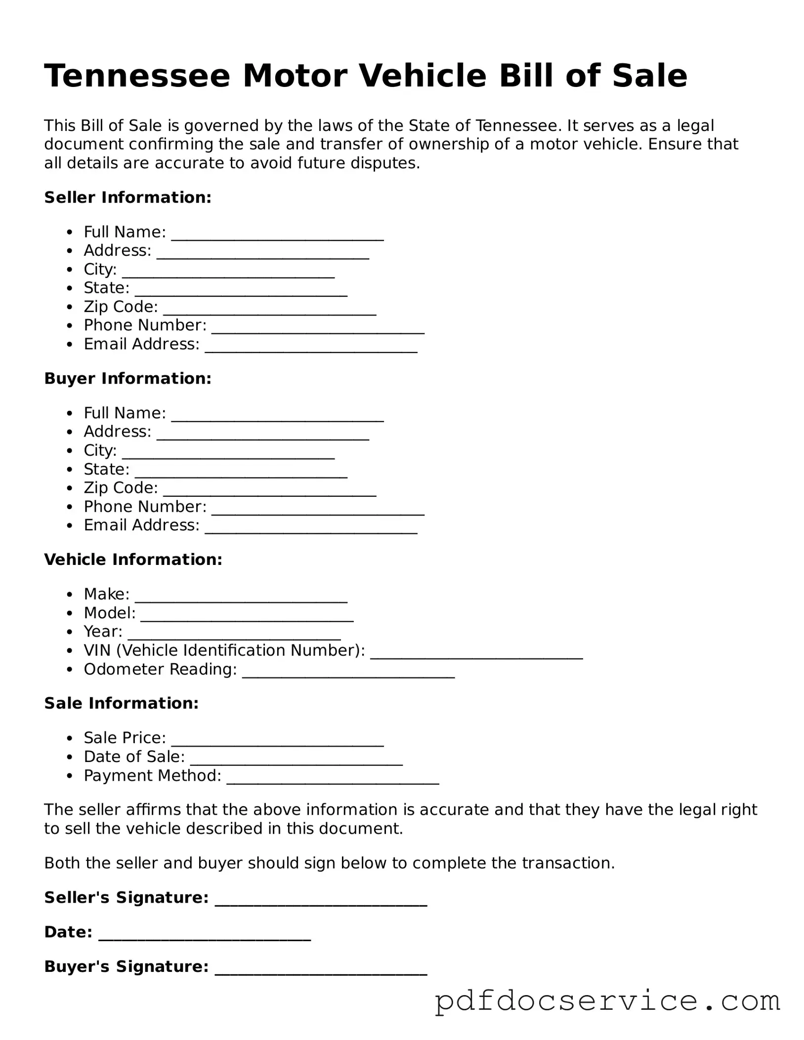 Printable  Motor Vehicle Bill of Sale Template for Tennessee