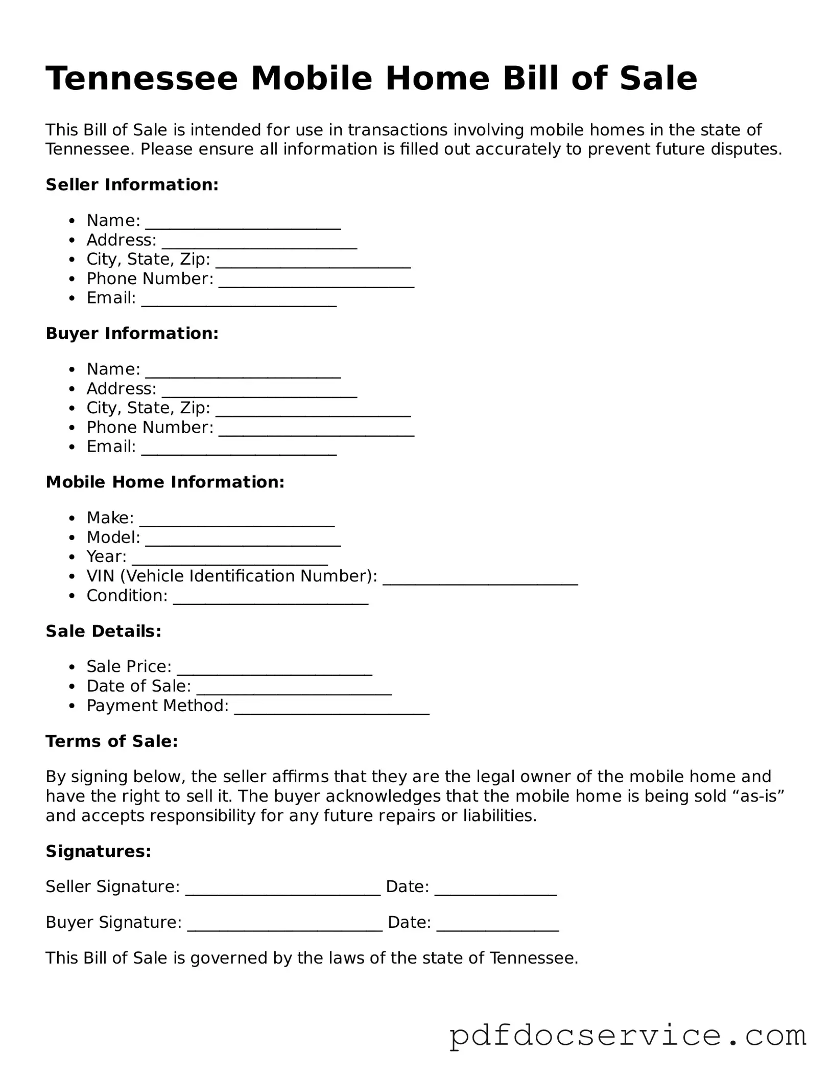 Printable  Mobile Home Bill of Sale Template for Tennessee