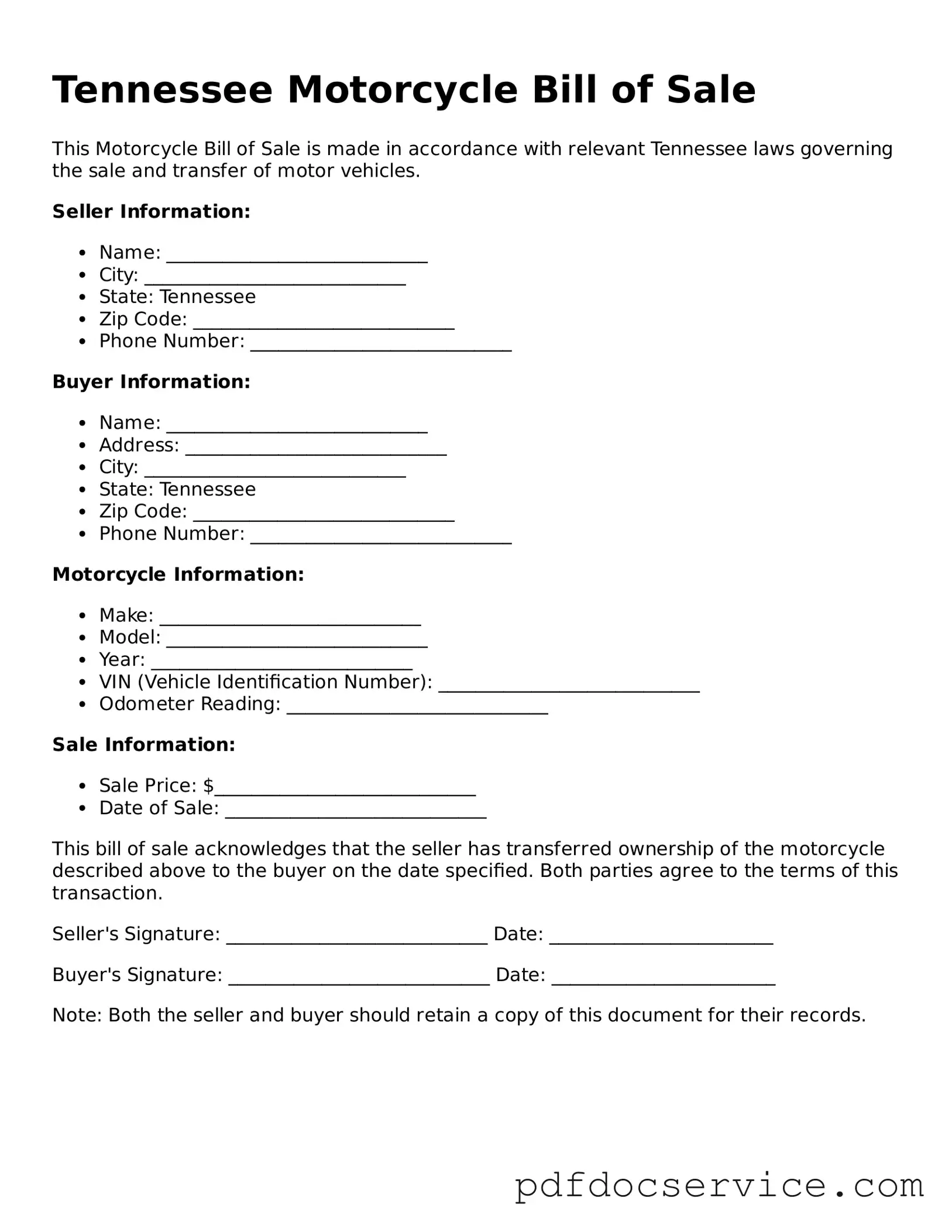 Printable  Motorcycle Bill of Sale Template for Tennessee