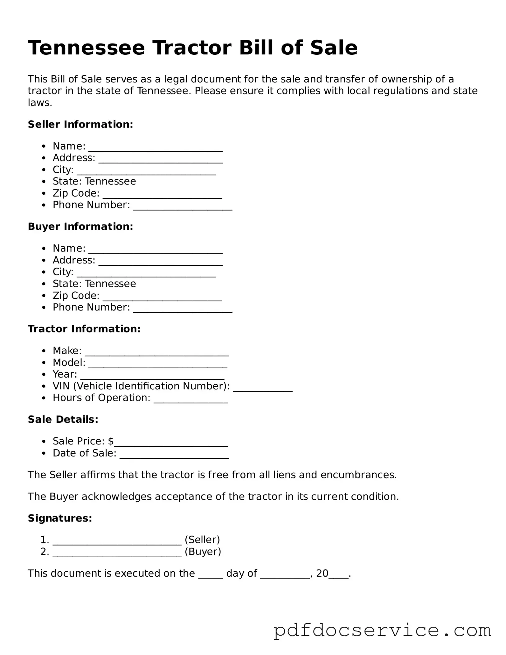 Printable  Tractor Bill of Sale Template for Tennessee