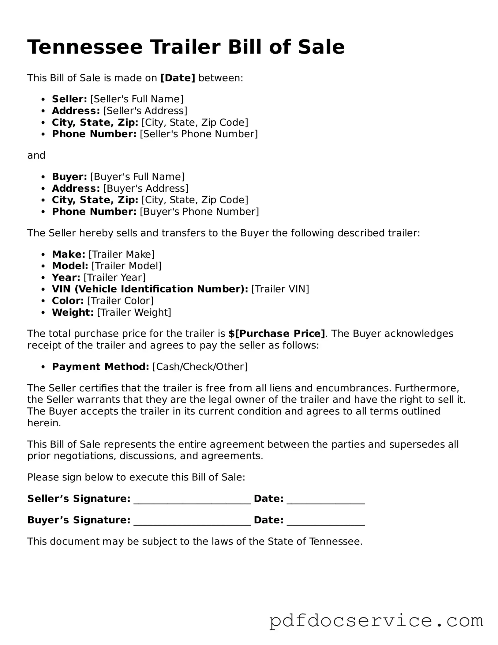 Printable  Trailer Bill of Sale Template for Tennessee