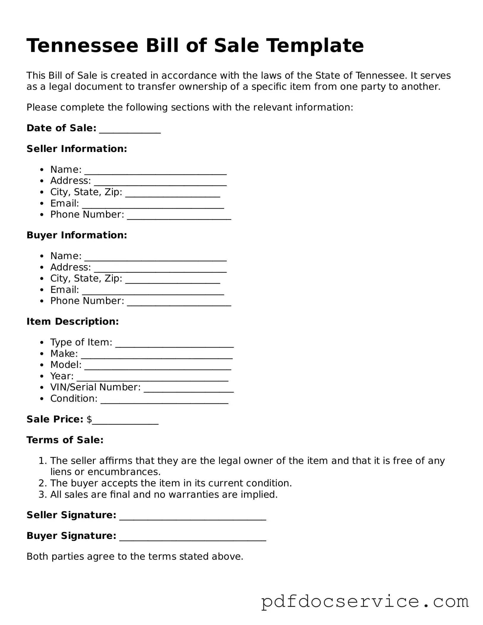 Printable  Bill of Sale Template for Tennessee