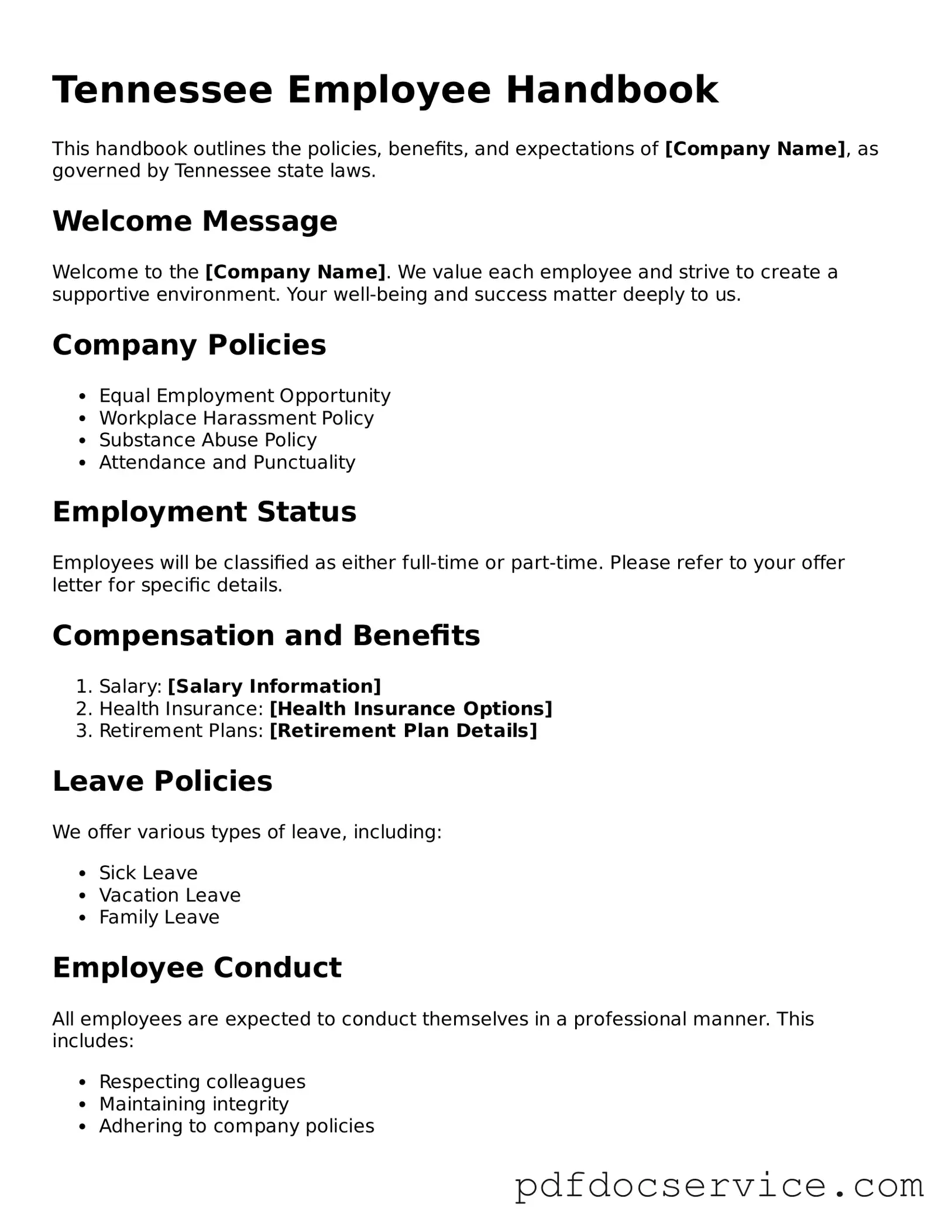 Printable  Employee Handbook Template for Tennessee