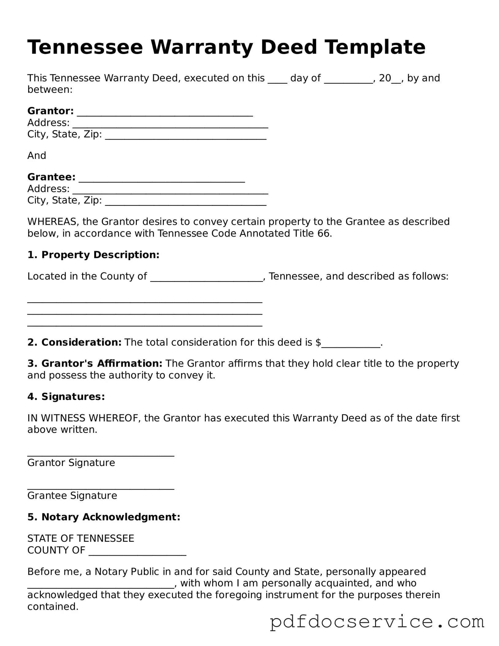 Printable  Deed Template for Tennessee