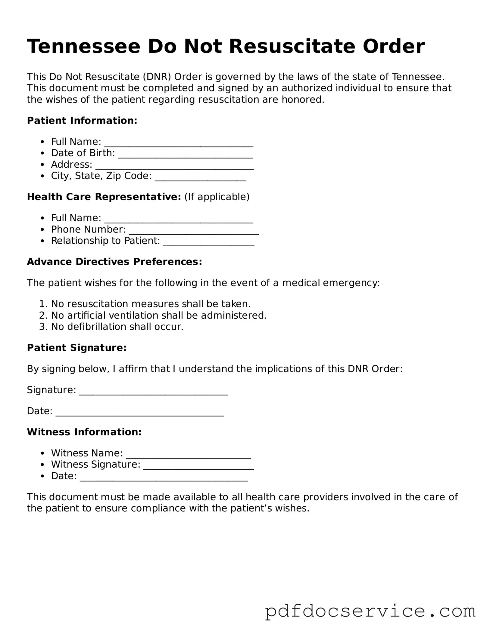 Printable  Do Not Resuscitate Order Template for Tennessee