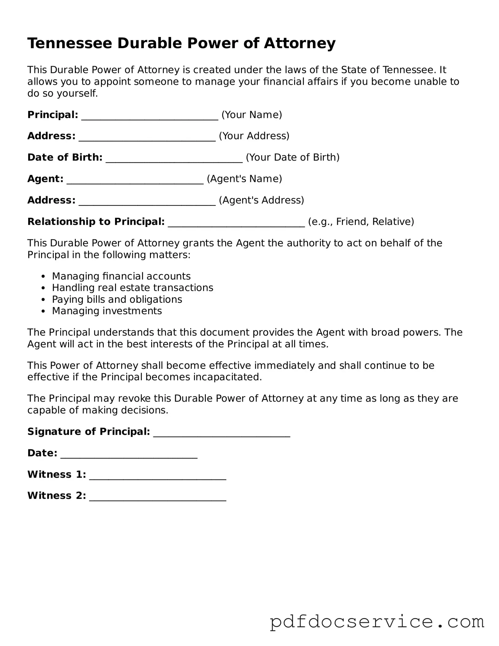 Printable  Durable Power of Attorney Template for Tennessee