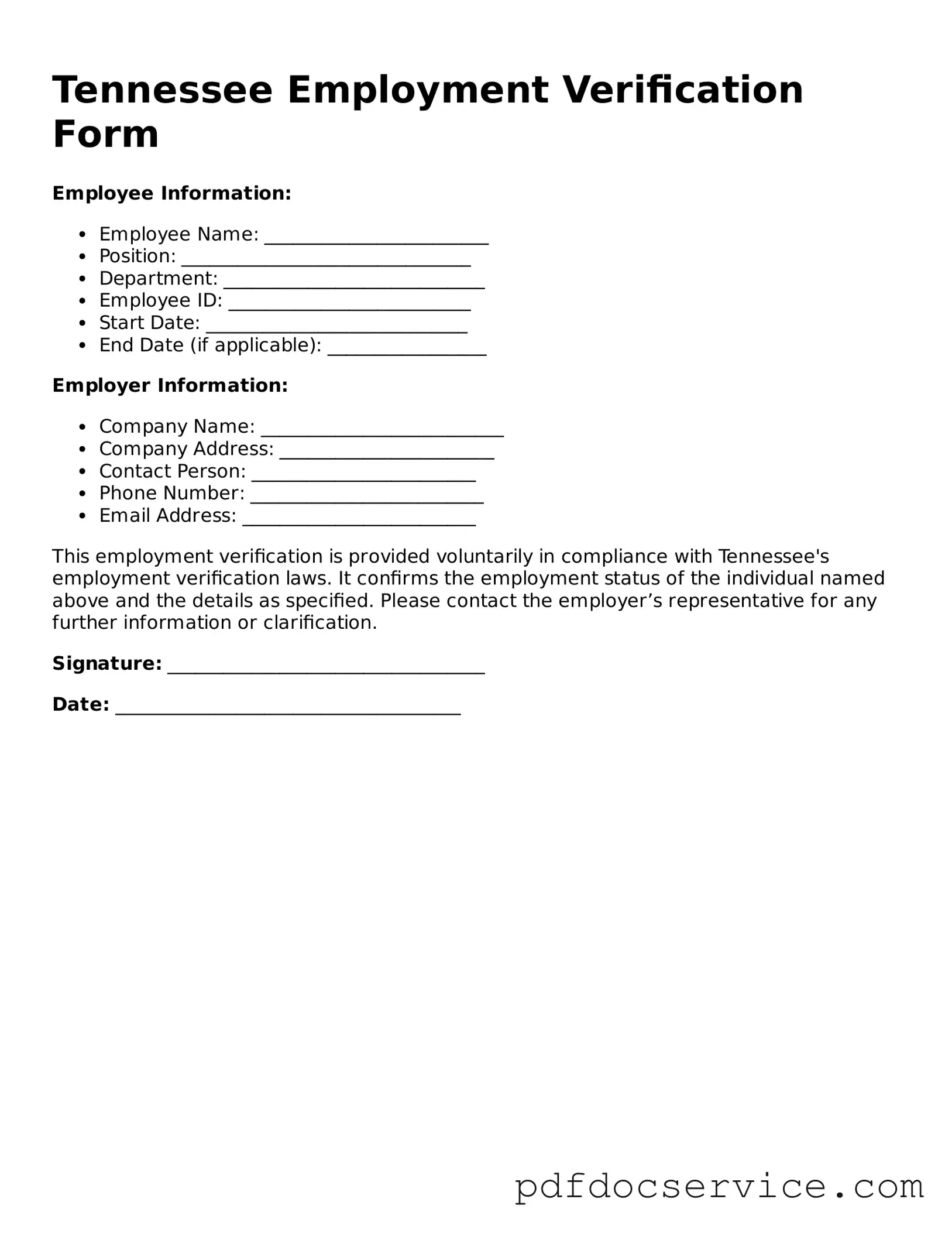 Printable  Employment Verification Template for Tennessee