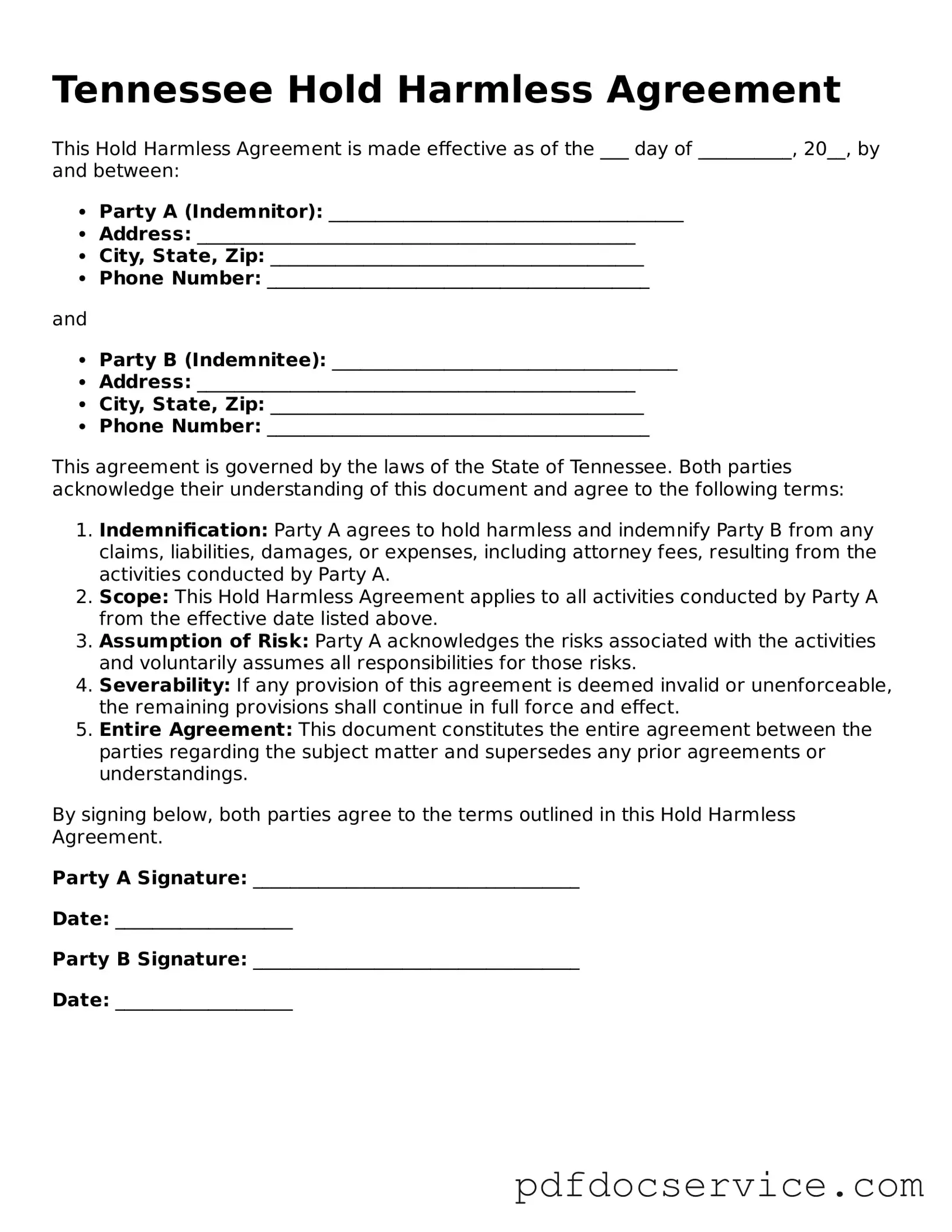 Printable  Hold Harmless Agreement Template for Tennessee