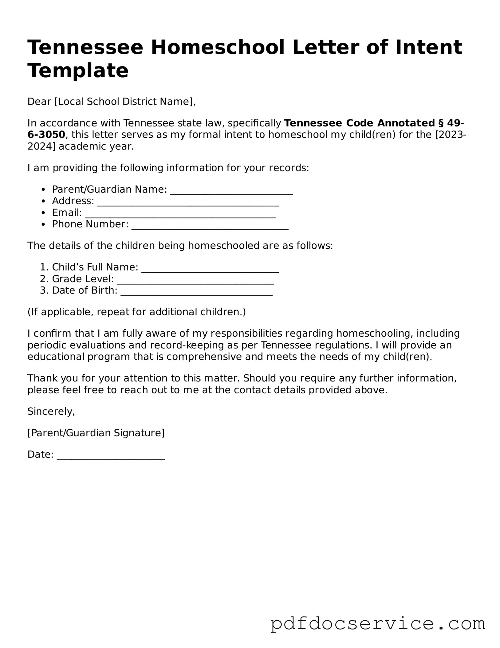 Printable  Homeschool Letter of Intent Template for Tennessee