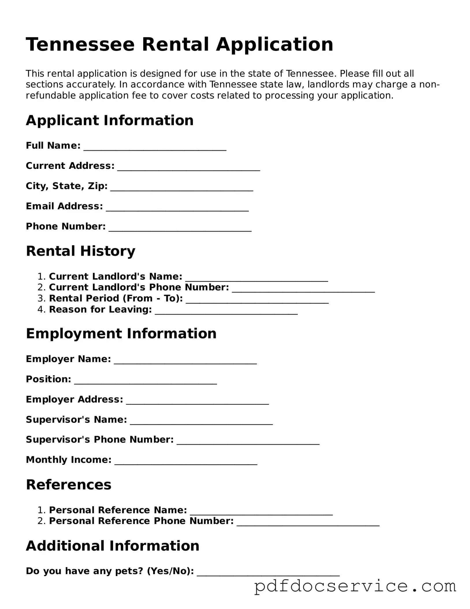 Printable  Rental Application Template for Tennessee