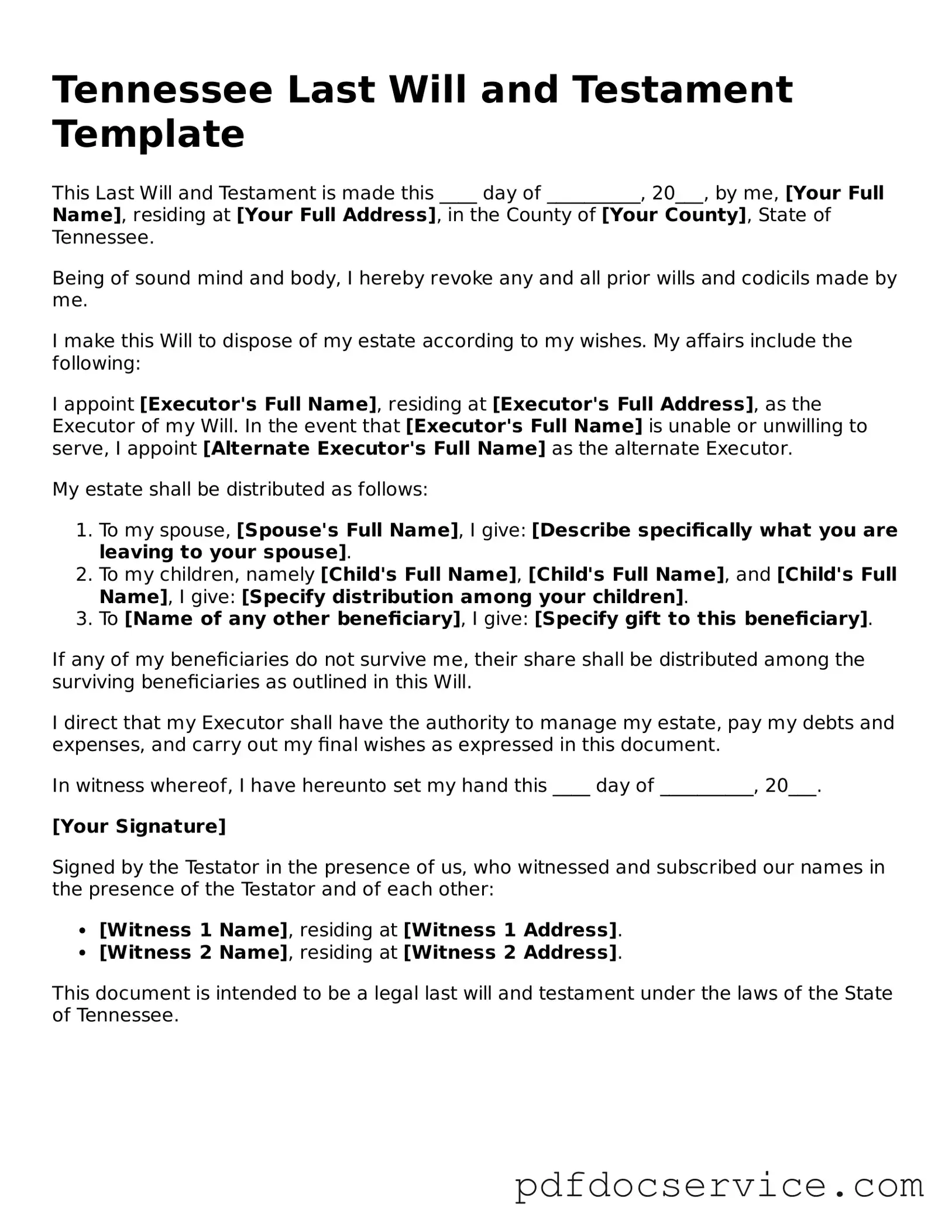 Printable  Last Will and Testament Template for Tennessee