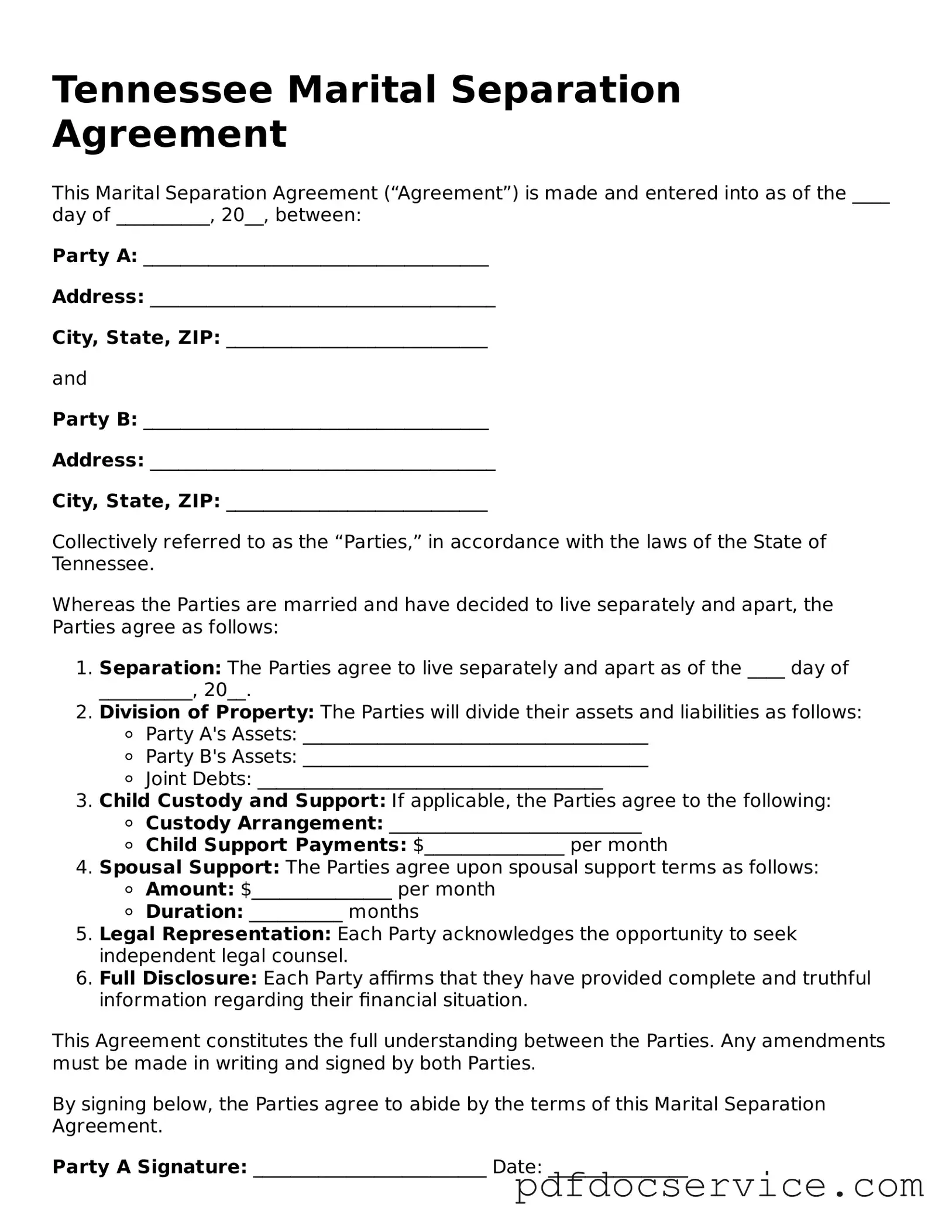Printable  Marital Separation Agreement Template for Tennessee