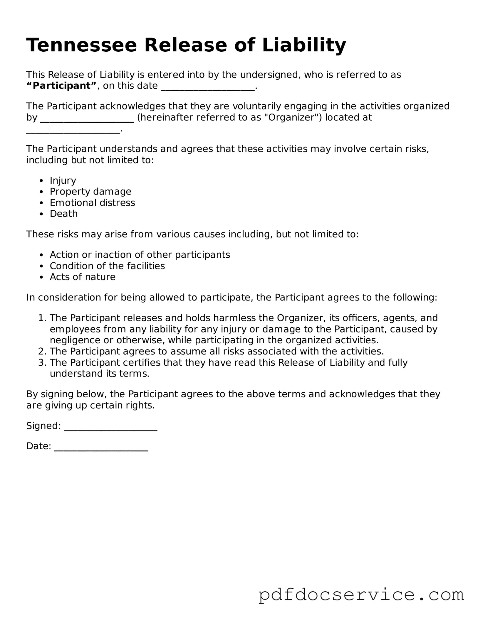 Printable  Release of Liability Template for Tennessee