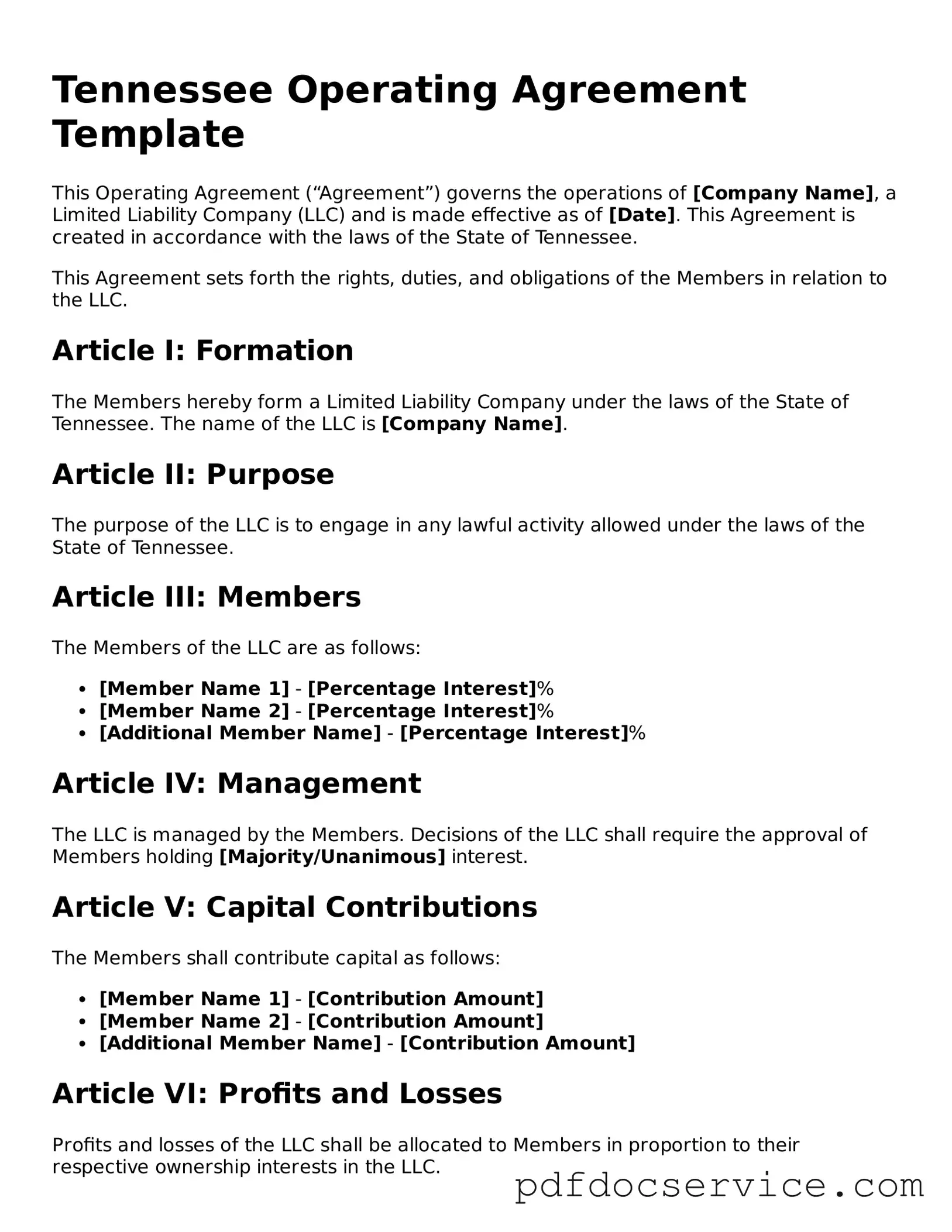 Printable  Operating Agreement Template for Tennessee