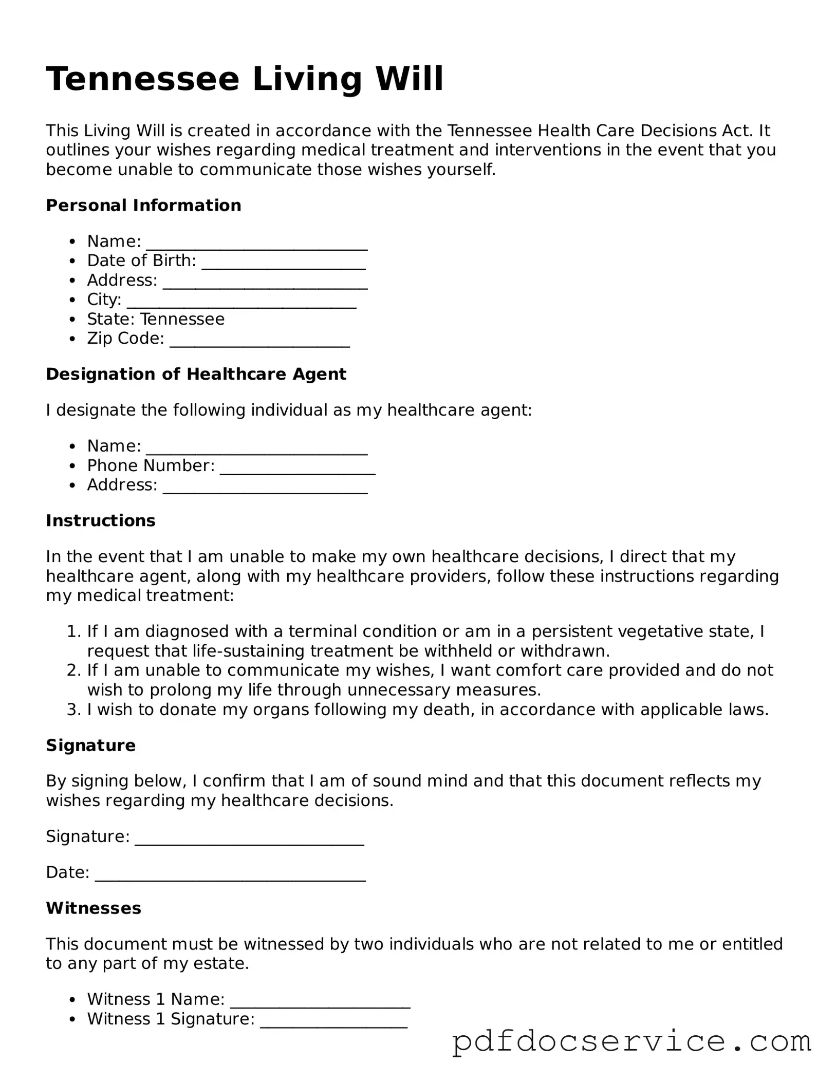 Printable  Living Will Template for Tennessee