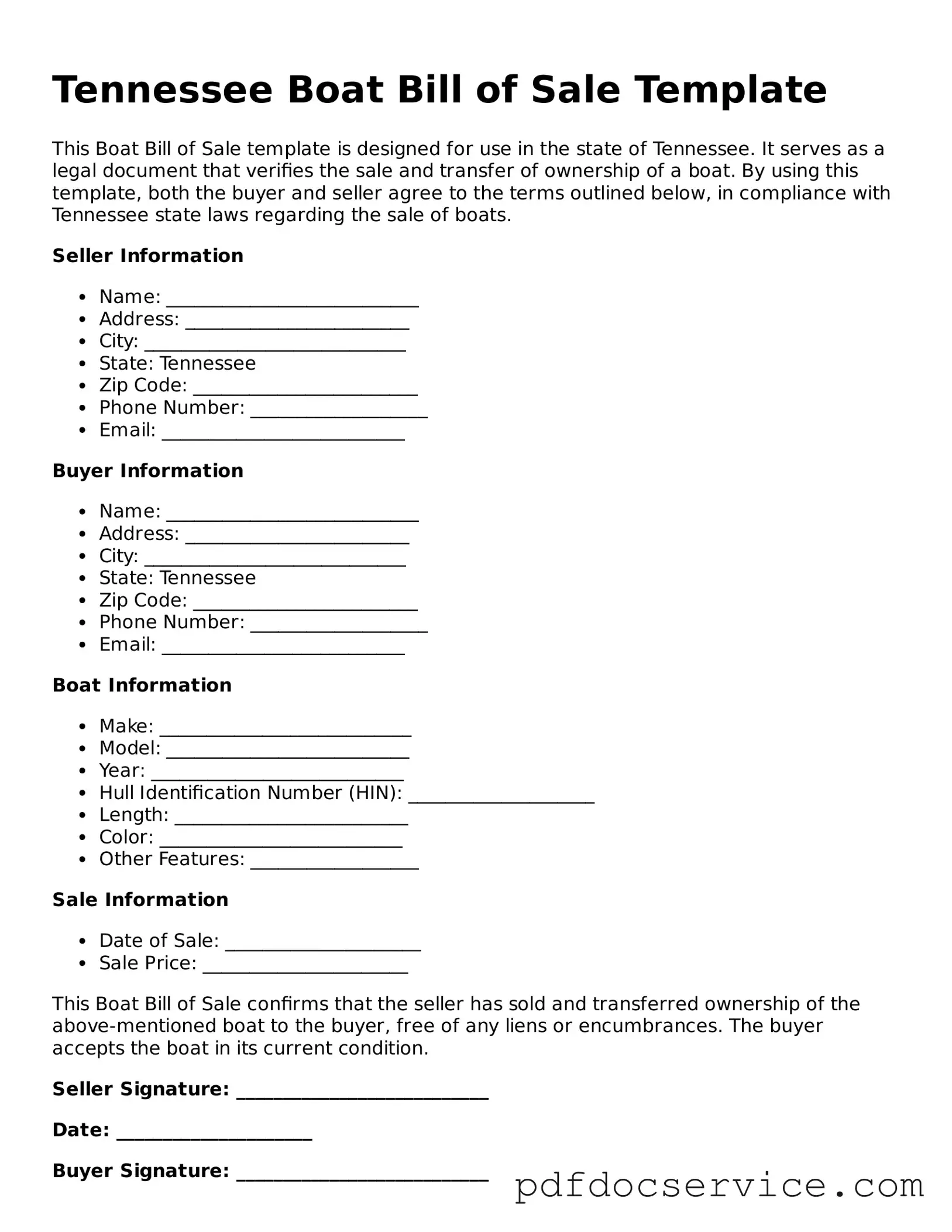 Printable  Boat Bill of Sale Template for Tennessee
