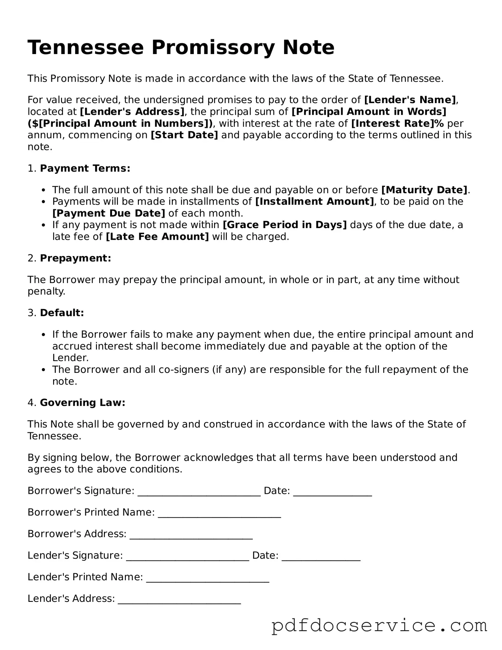 Printable  Promissory Note Template for Tennessee