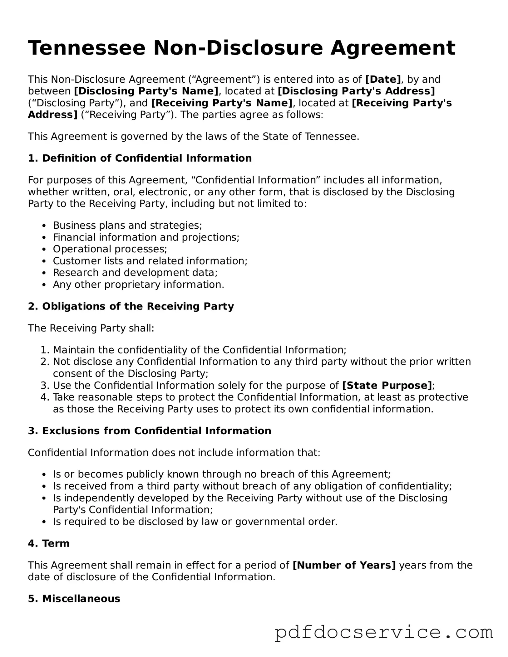 Printable  Non-disclosure Agreement Template for Tennessee