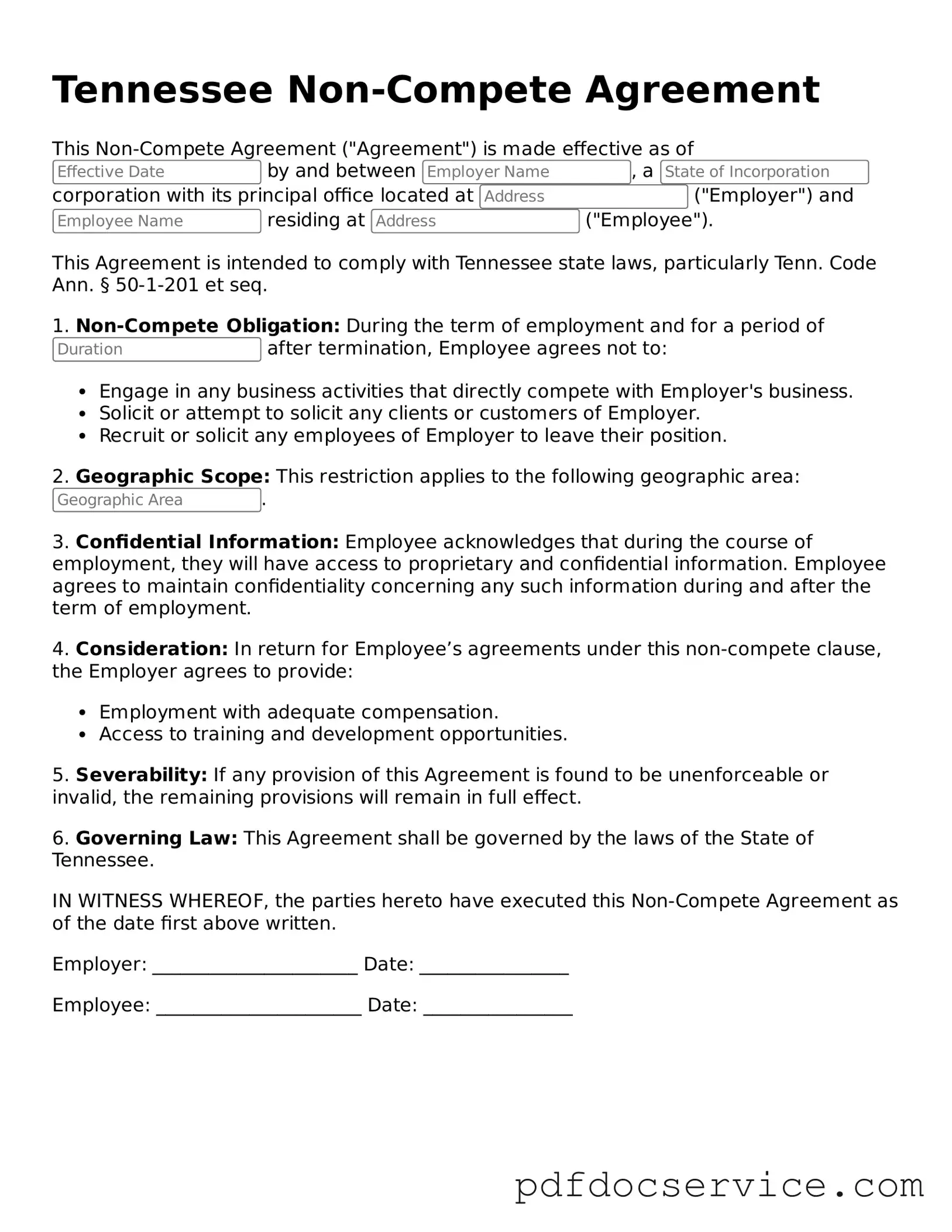 Printable  Non-compete Agreement Template for Tennessee