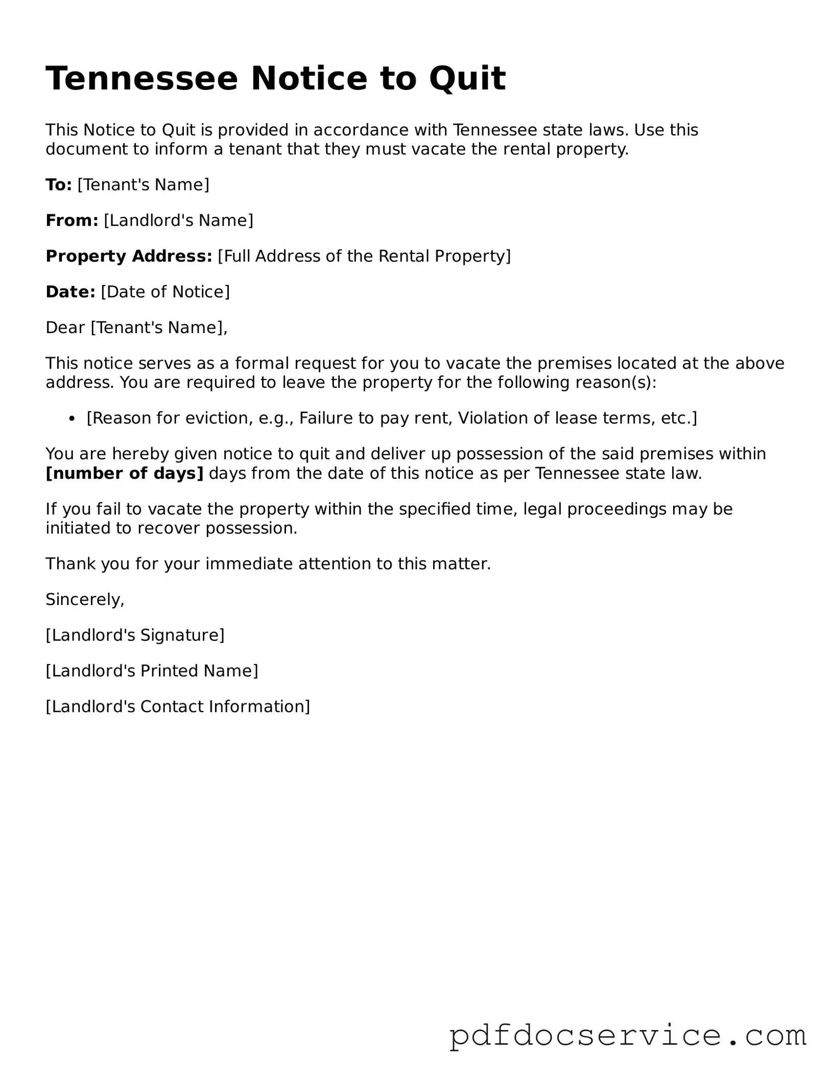 Printable  Notice to Quit Template for Tennessee