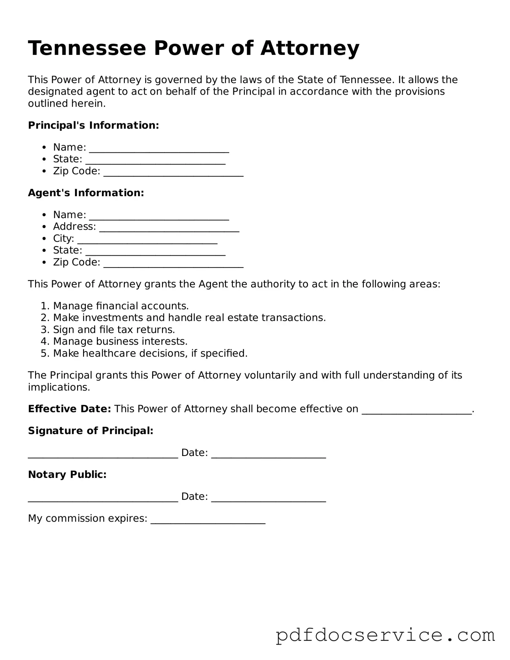 Printable  Power of Attorney Template for Tennessee