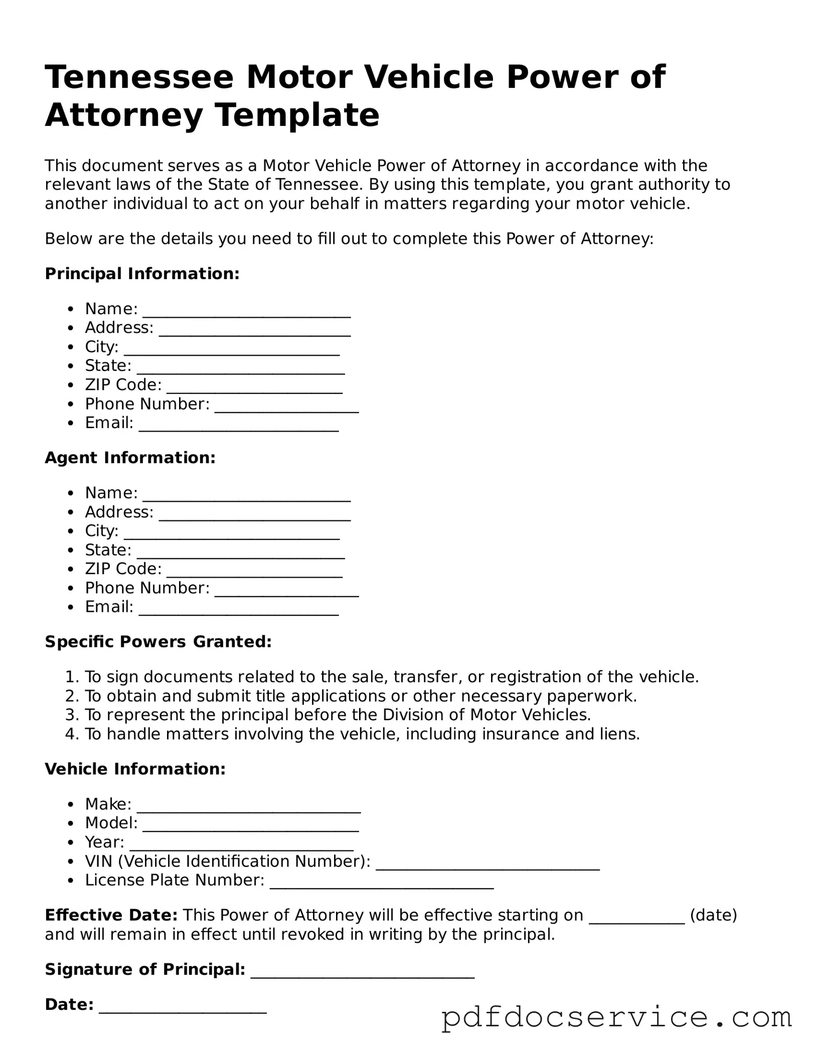Printable  Motor Vehicle Power of Attorney Template for Tennessee