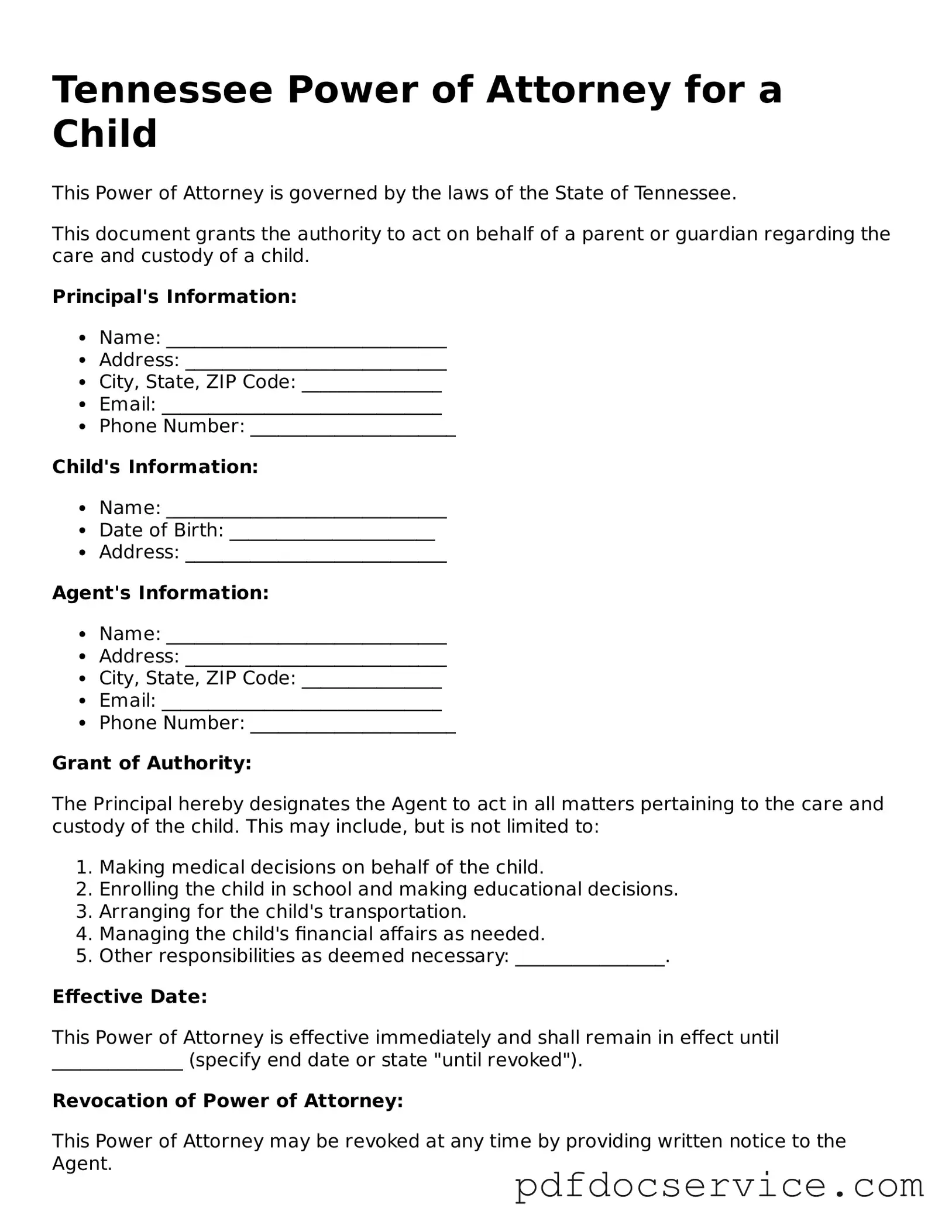 Printable  Power of Attorney for a Child Template for Tennessee