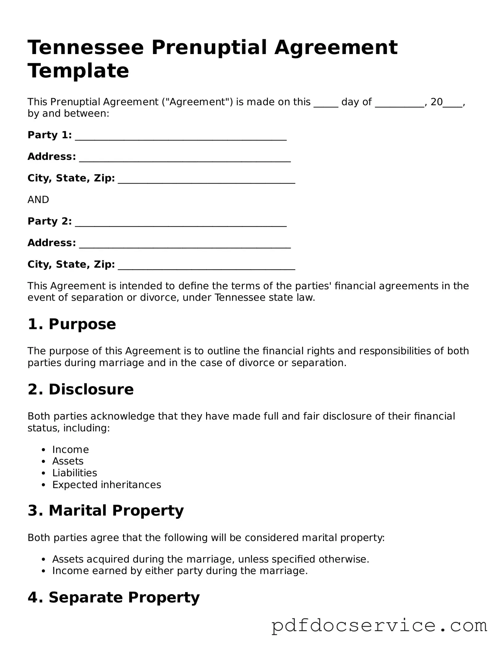 Printable  Prenuptial Agreement Template for Tennessee