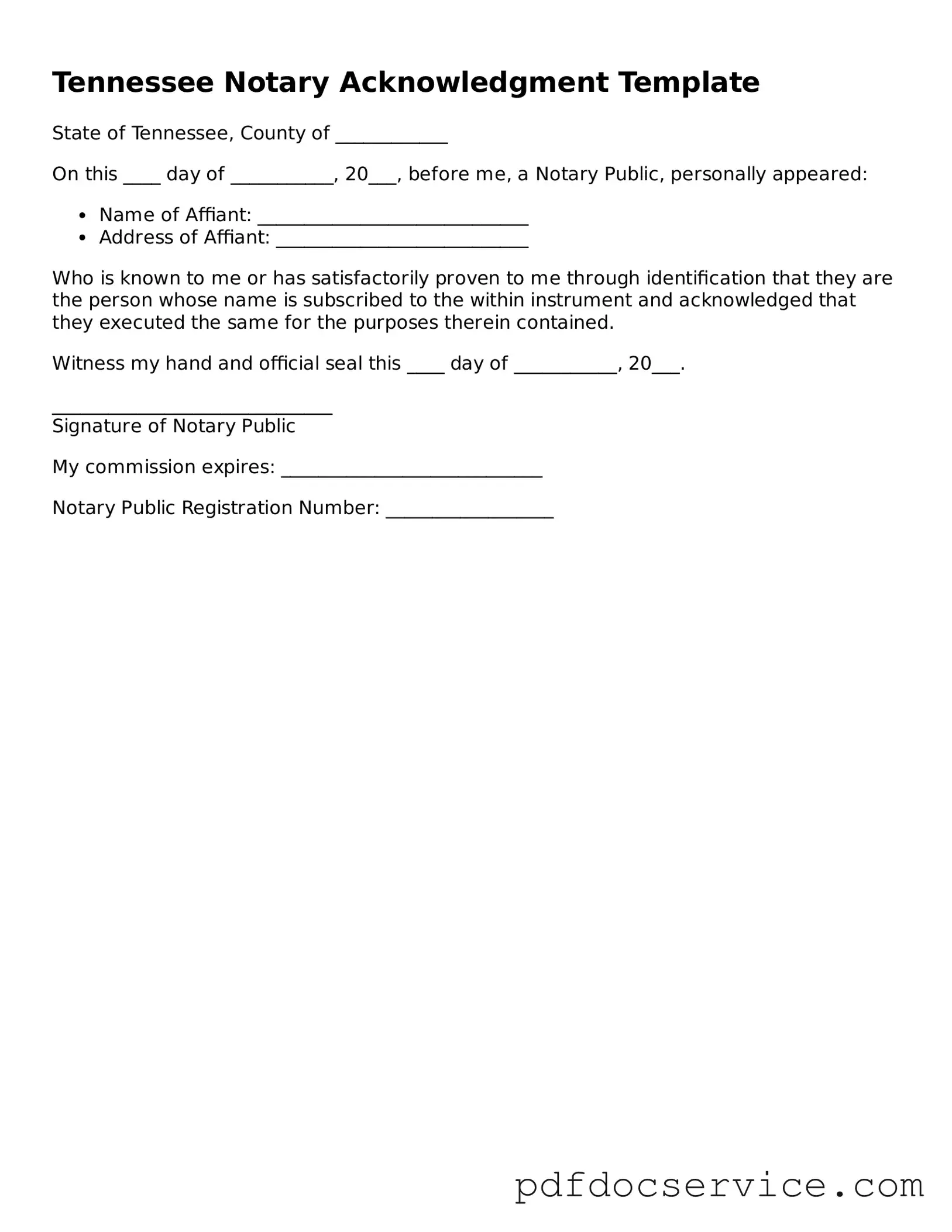 Printable  Notary Acknowledgement Template for Tennessee