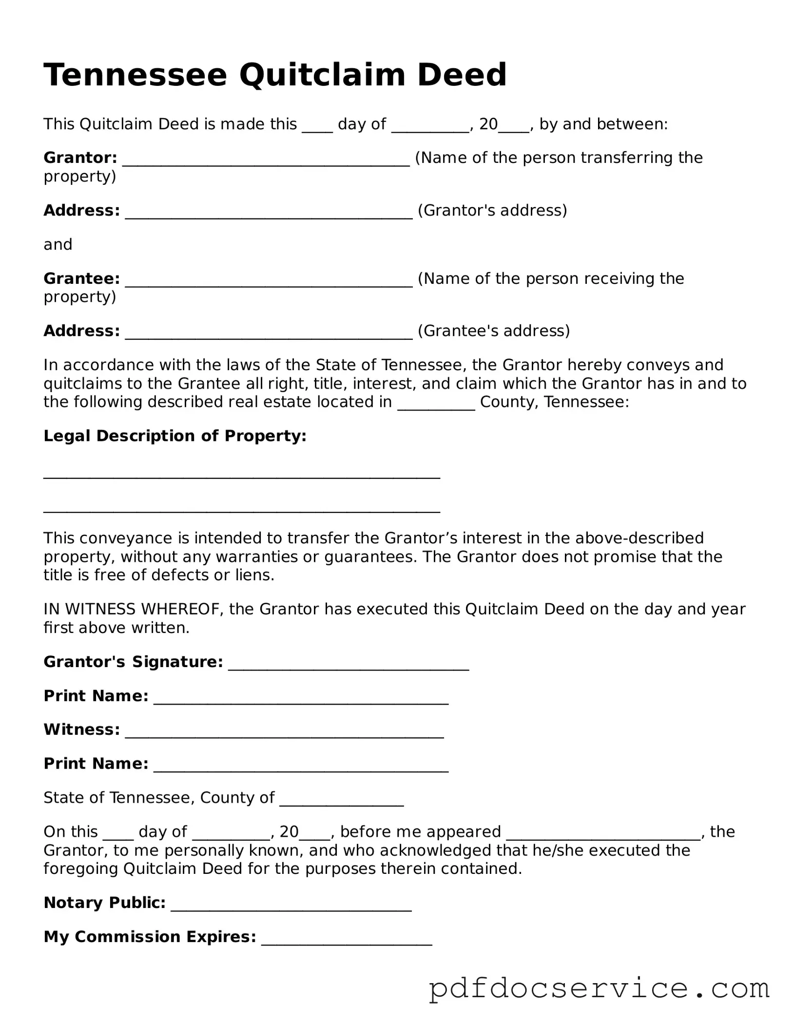 Printable  Quitclaim Deed Template for Tennessee