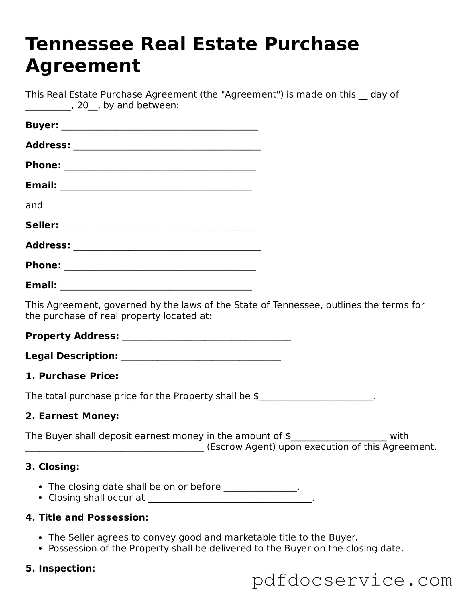 Printable  Real Estate Purchase Agreement Template for Tennessee