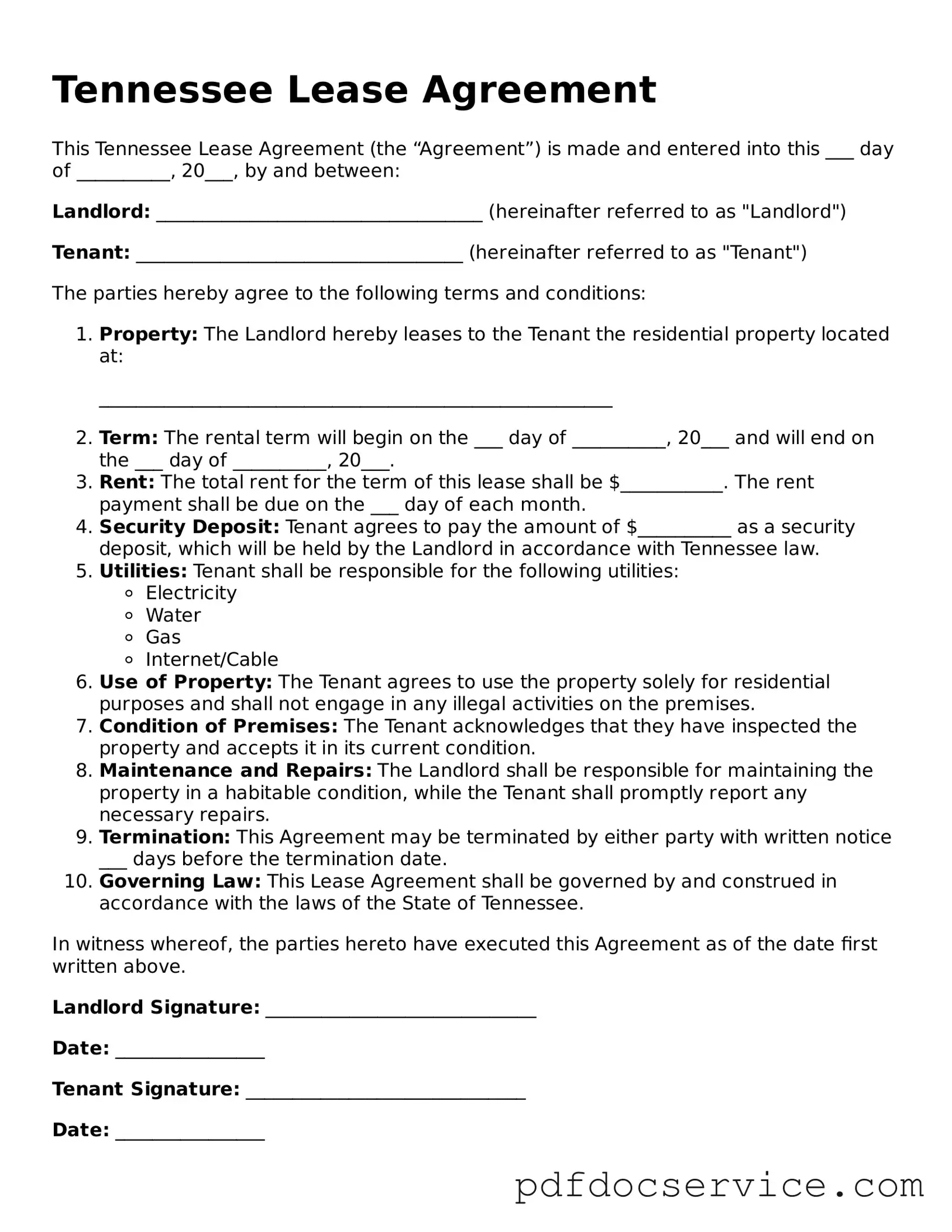 Printable  Lease Agreement Template for Tennessee