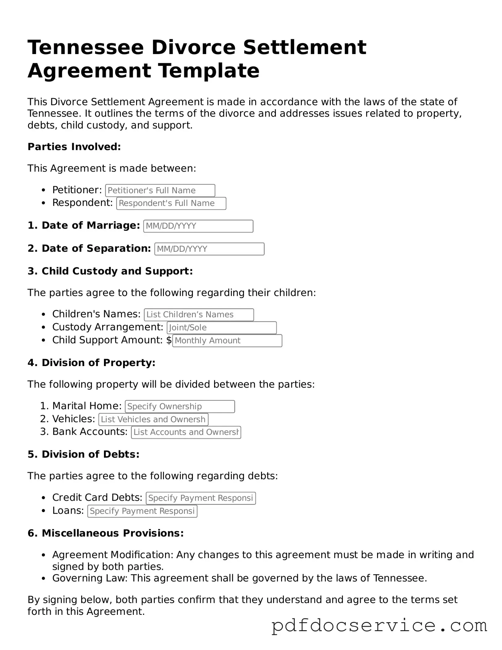 Printable  Divorce Settlement Agreement Template for Tennessee